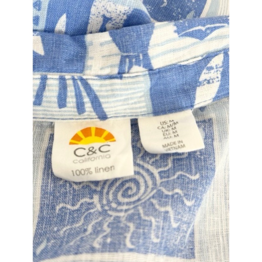 C&C California 100% Linen Blue Lobster Fish Block Print Button Down Shirt M - Picture 6 of 7